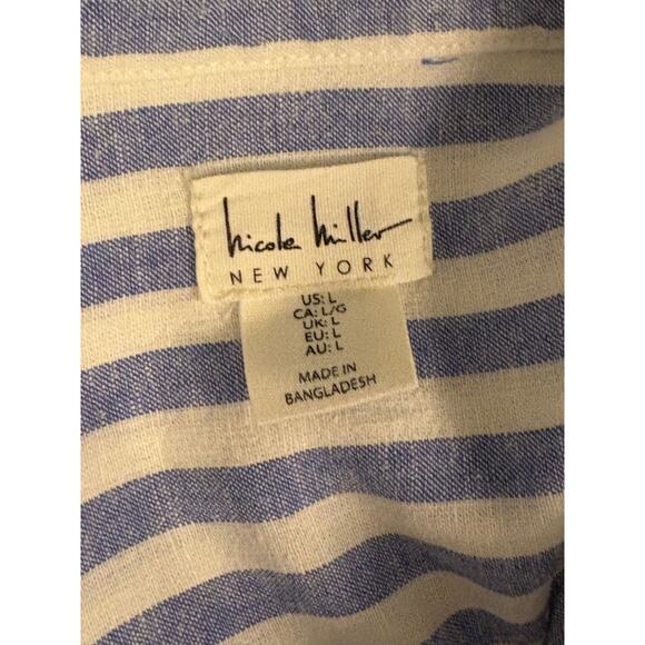 NICOLE MILLER blouse Top Linen Blend Stripe Blue White 3/4 Long Sleeve | LARGE - Picture 8 of 10